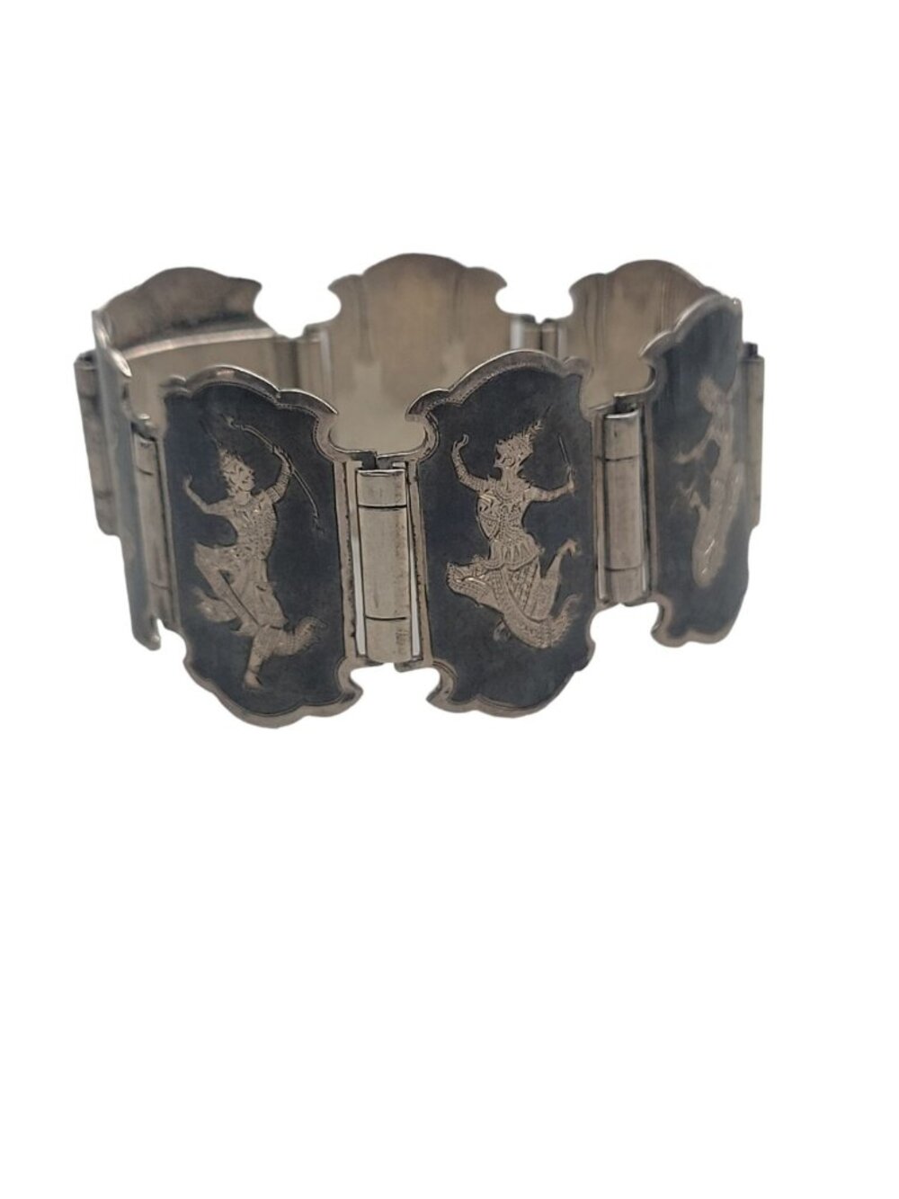 Siam Sterling Silver Bracelet 925 Niello Hindu Goddess Enamel Hinged Panel SZ 7 - Picture 7 of 16